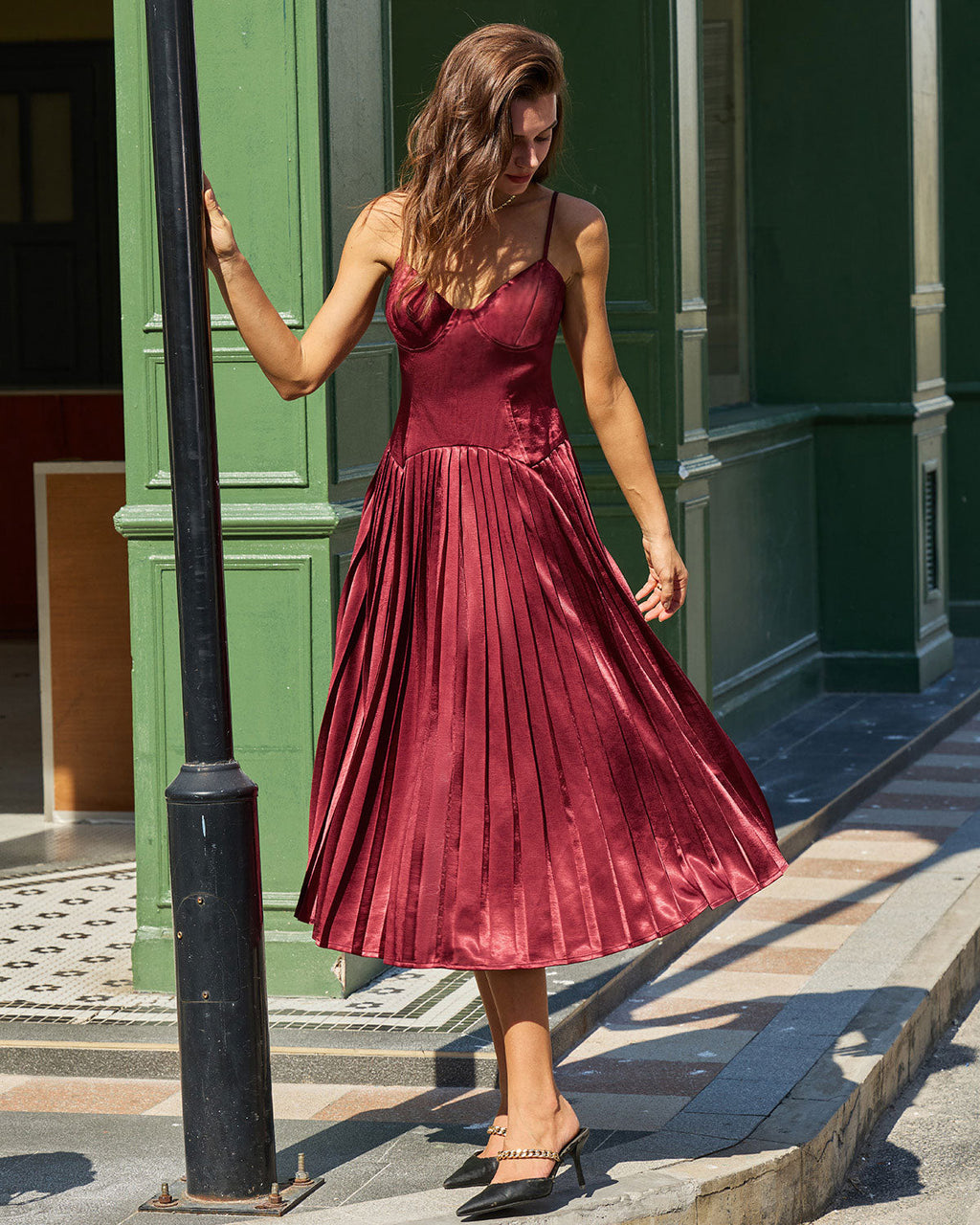 Wine Red Ruched A-Line Midi Slip Dress