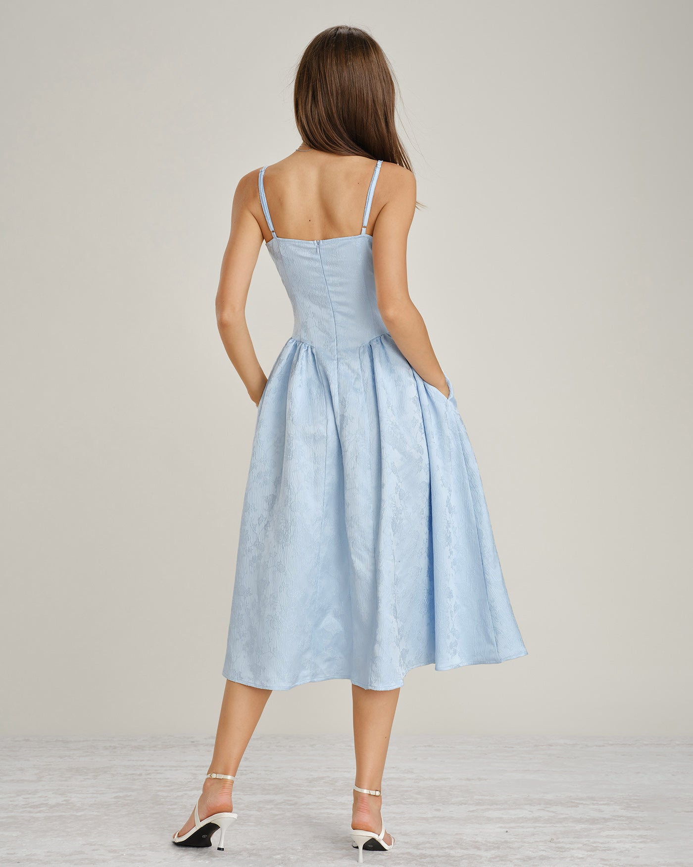 Blue Jacquard Midi Dress with Pockets