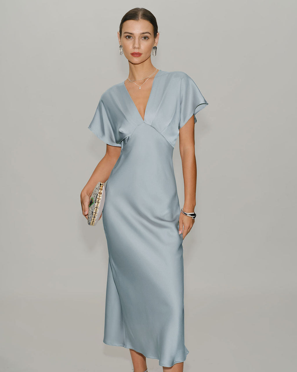 Blue Satin Midi Dress with V-Neck and Cowl Sleeves