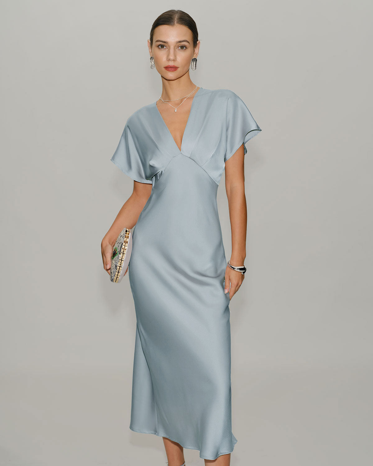 Blue Satin Midi Dress with V-Neck and Cowl Sleeves