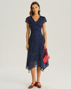 Navy Midi Dress with Cap Sleeves and Polka Dot Print