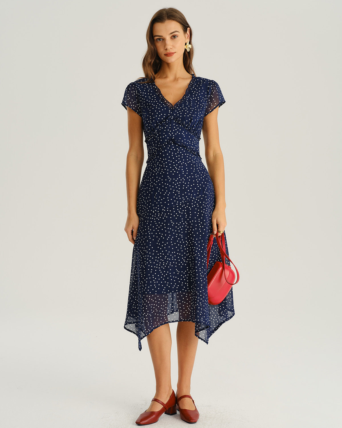 Navy Midi Dress with Cap Sleeves and Polka Dot Print