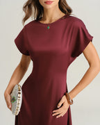 Crimson Satin A-Line Midi Dress with Cowl Sleeves