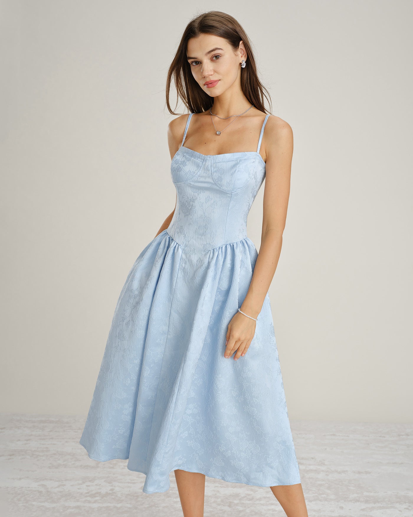 Blue Jacquard Midi Dress with Pockets