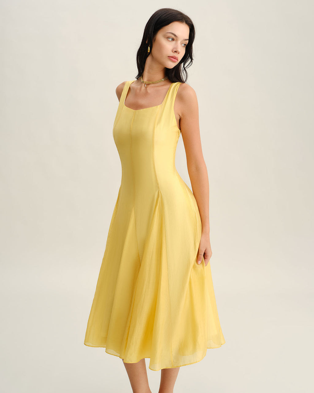 Pleated Midi Dress with Square Neck in Yellow