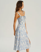Floral Blue Ruched Midi Slip Dress