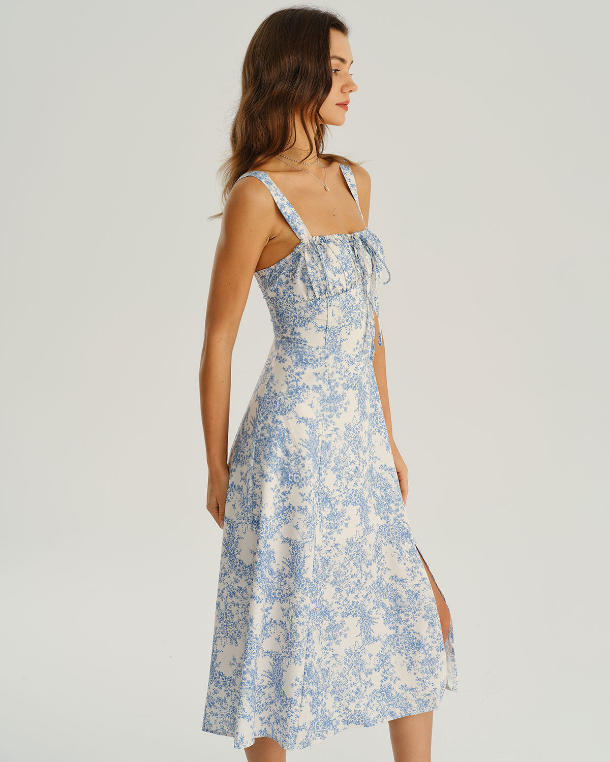 Floral Blue Ruched Midi Slip Dress