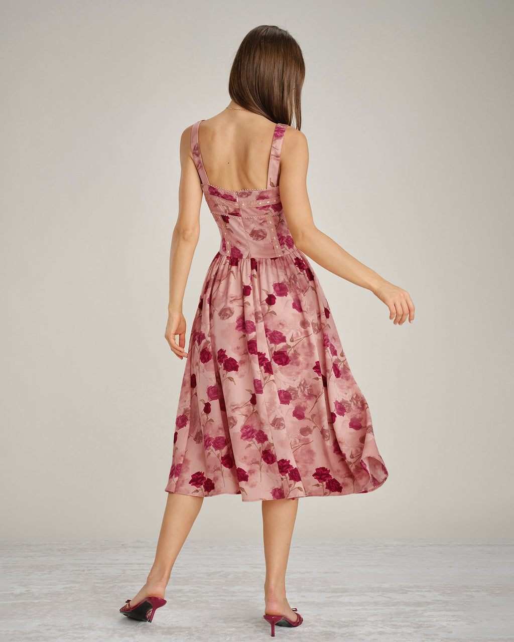 Floral Lace Midi Dress with Pink Square Neck