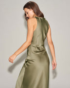 Emerald Satin Boat Neck Midi Slip Dress