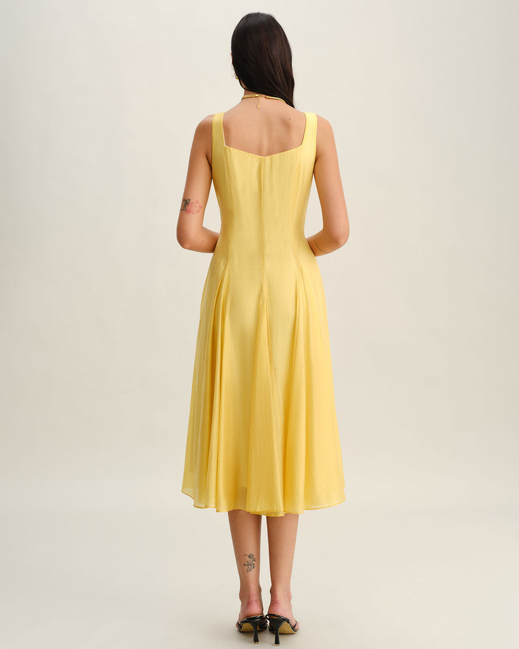 Pleated Midi Dress with Square Neck in Yellow