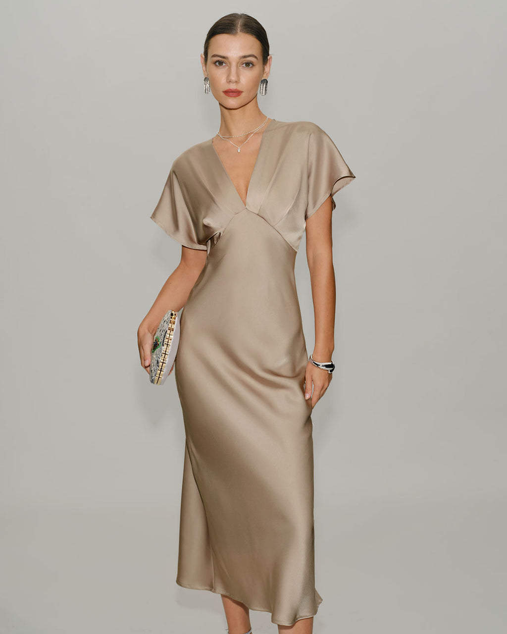 Apricot Satin V-Neck A-Line Midi Dress