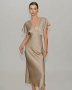 Apricot Satin V-Neck A-Line Midi Dress