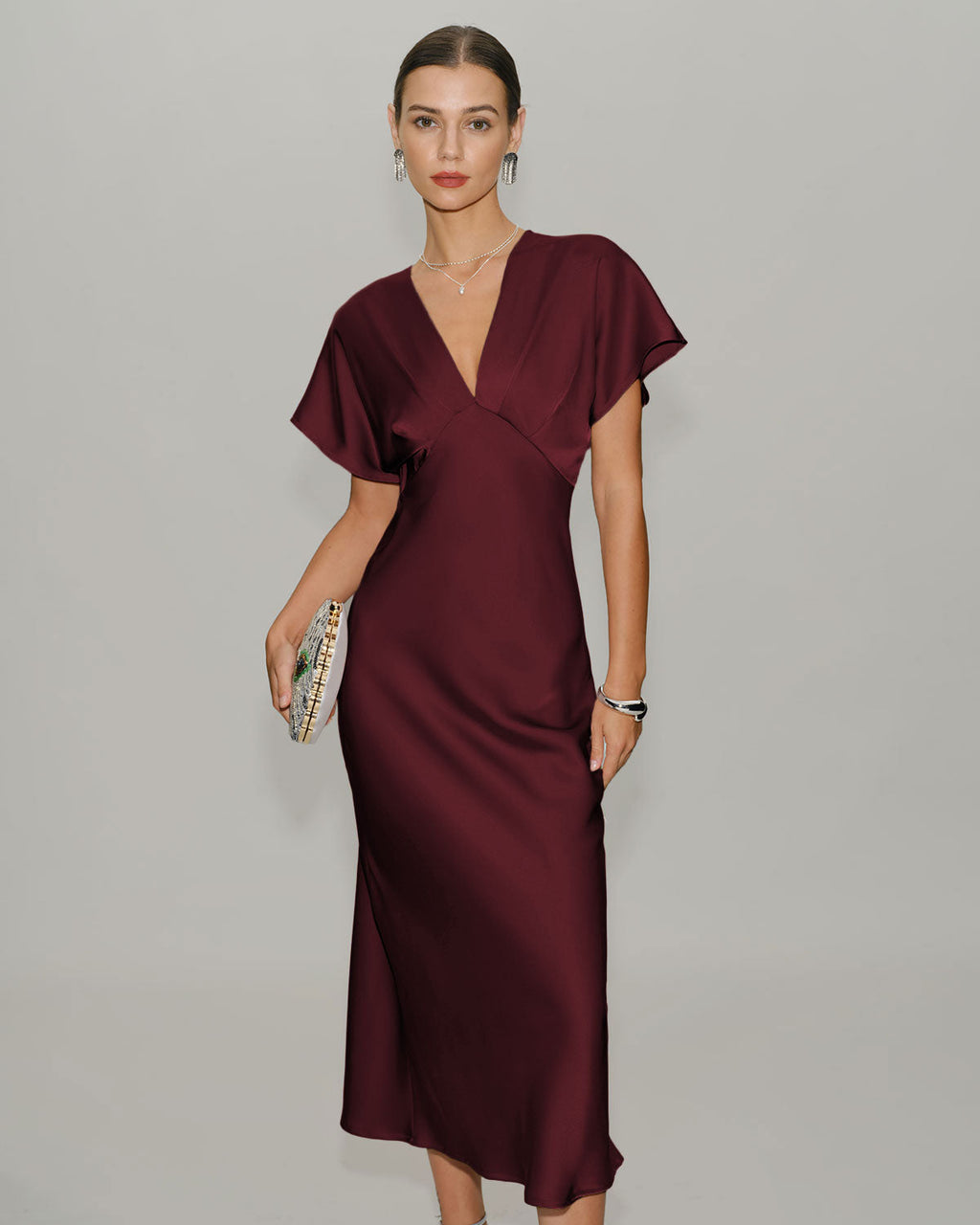 Wine Red Satin Midi Dress with Cowl Sleeves