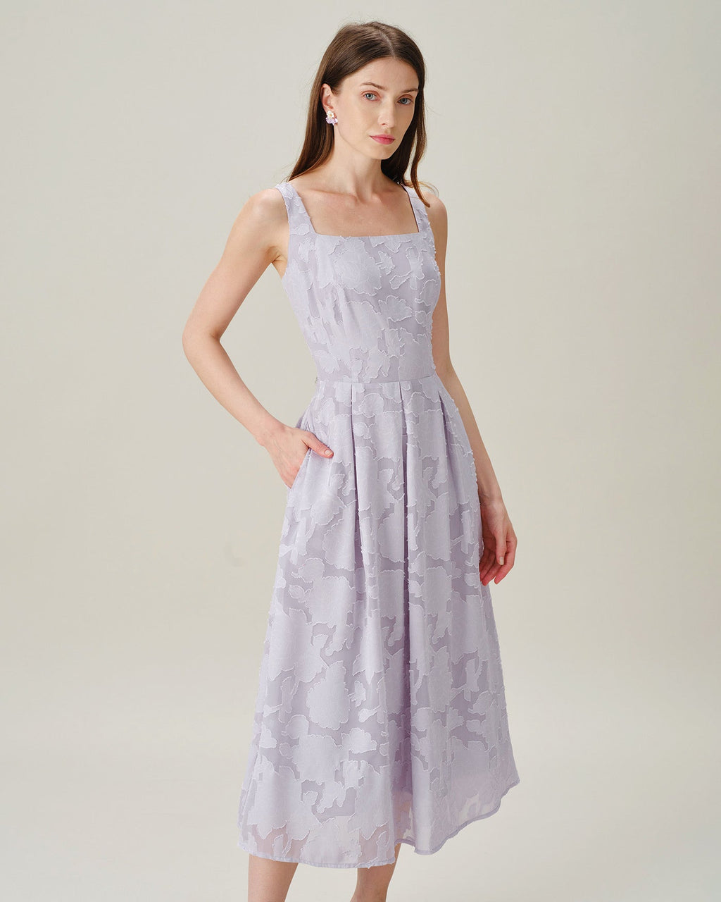 Jacquard Midi Dress with Purple Square Neckline