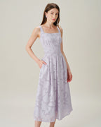 Jacquard Midi Dress with Purple Square Neckline