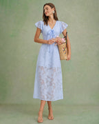 Blue Jacquard Ruffle Midi Dress with V-Neck