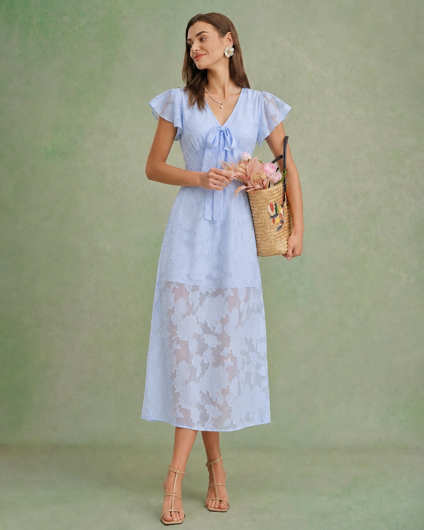 Blue Jacquard Ruffle Midi Dress with V-Neck