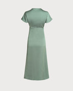 Emerald Satin V-Neck A-Line Midi Dress