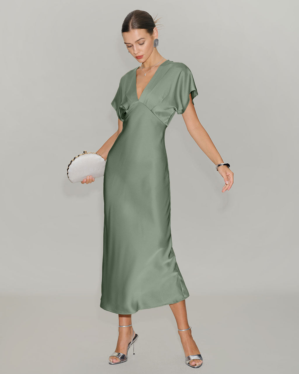 Emerald Satin V-Neck A-Line Midi Dress