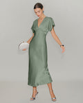 Emerald Satin V-Neck A-Line Midi Dress