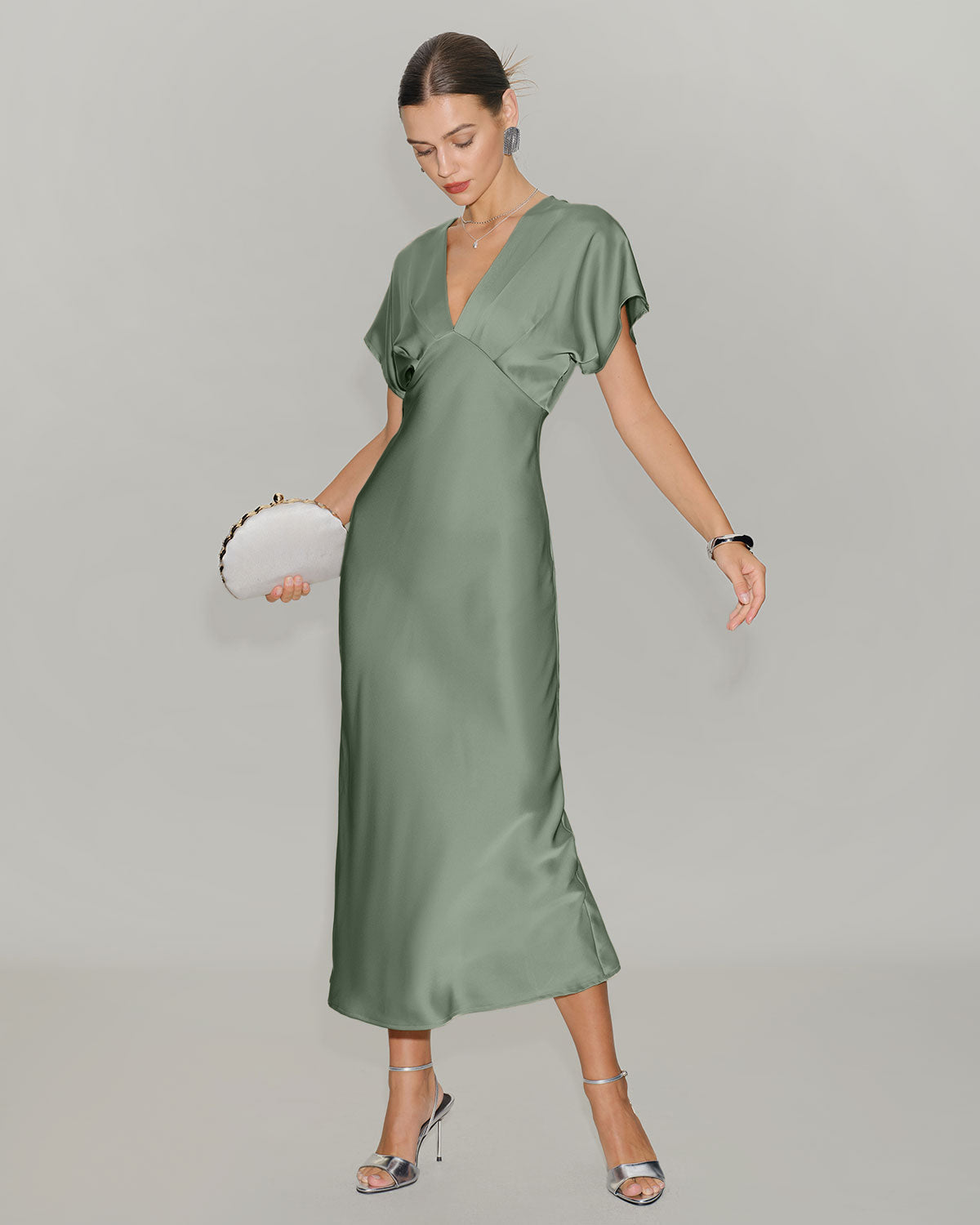 Emerald Satin V-Neck A-Line Midi Dress