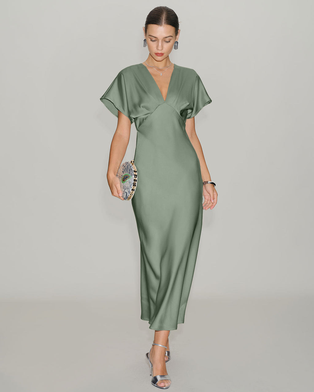 Emerald Satin V-Neck A-Line Midi Dress