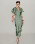 Emerald Satin V-Neck A-Line Midi Dress