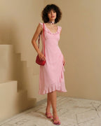 Pink Sleeveless Midi Dress with V-Neck and Ruffle Details