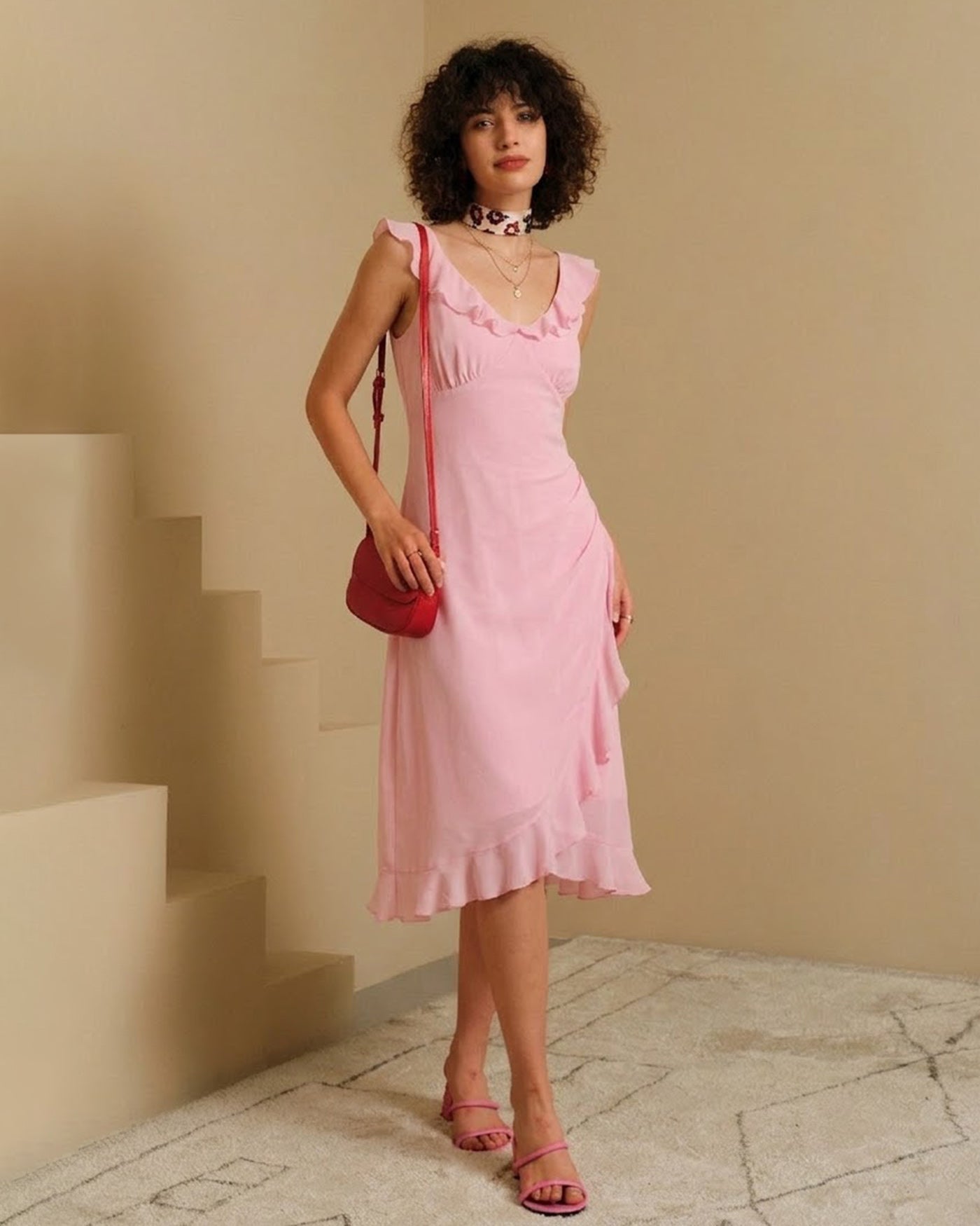 Pink Sleeveless Midi Dress with V-Neck and Ruffle Details