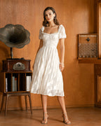 Beige Midi Dress with Square Neck and Puffed Sleeves