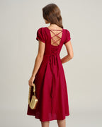 Wine Red A-Line Midi Dress with Square Neckline