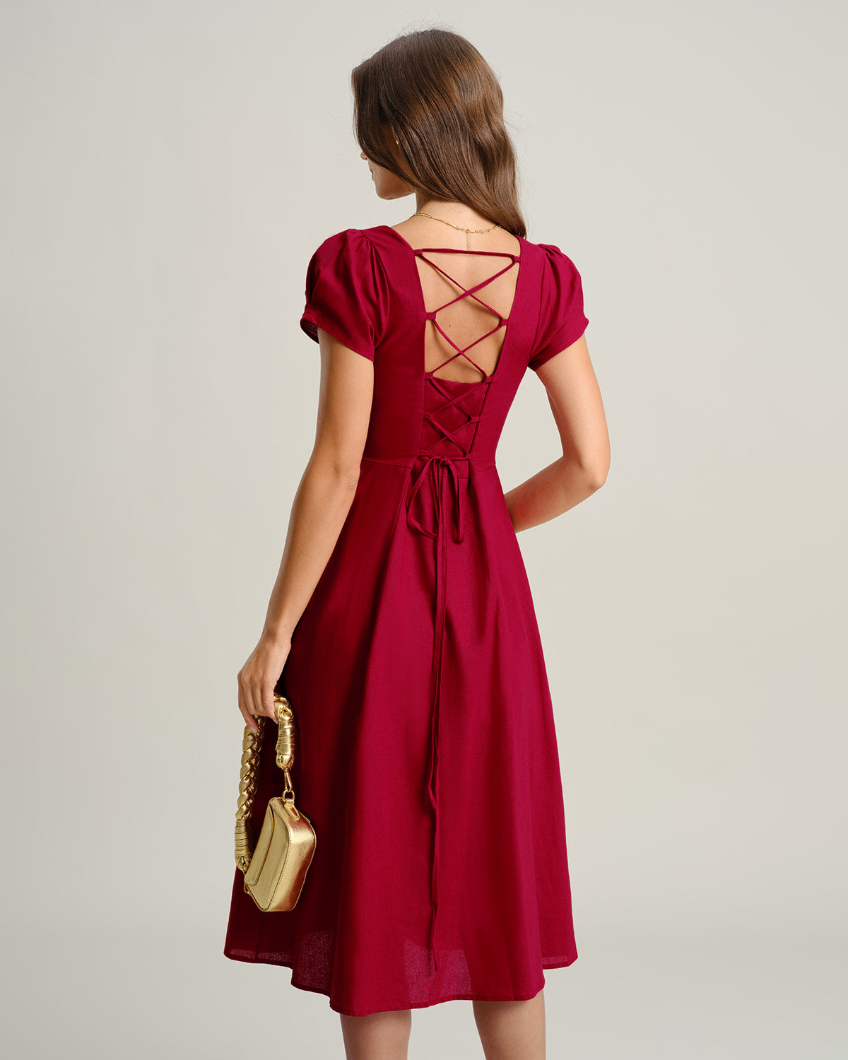 Wine Red A-Line Midi Dress with Square Neckline