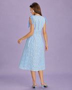 Embroidered Midi Dress with Blue Boat Neck