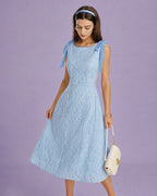 Embroidered Midi Dress with Blue Boat Neck