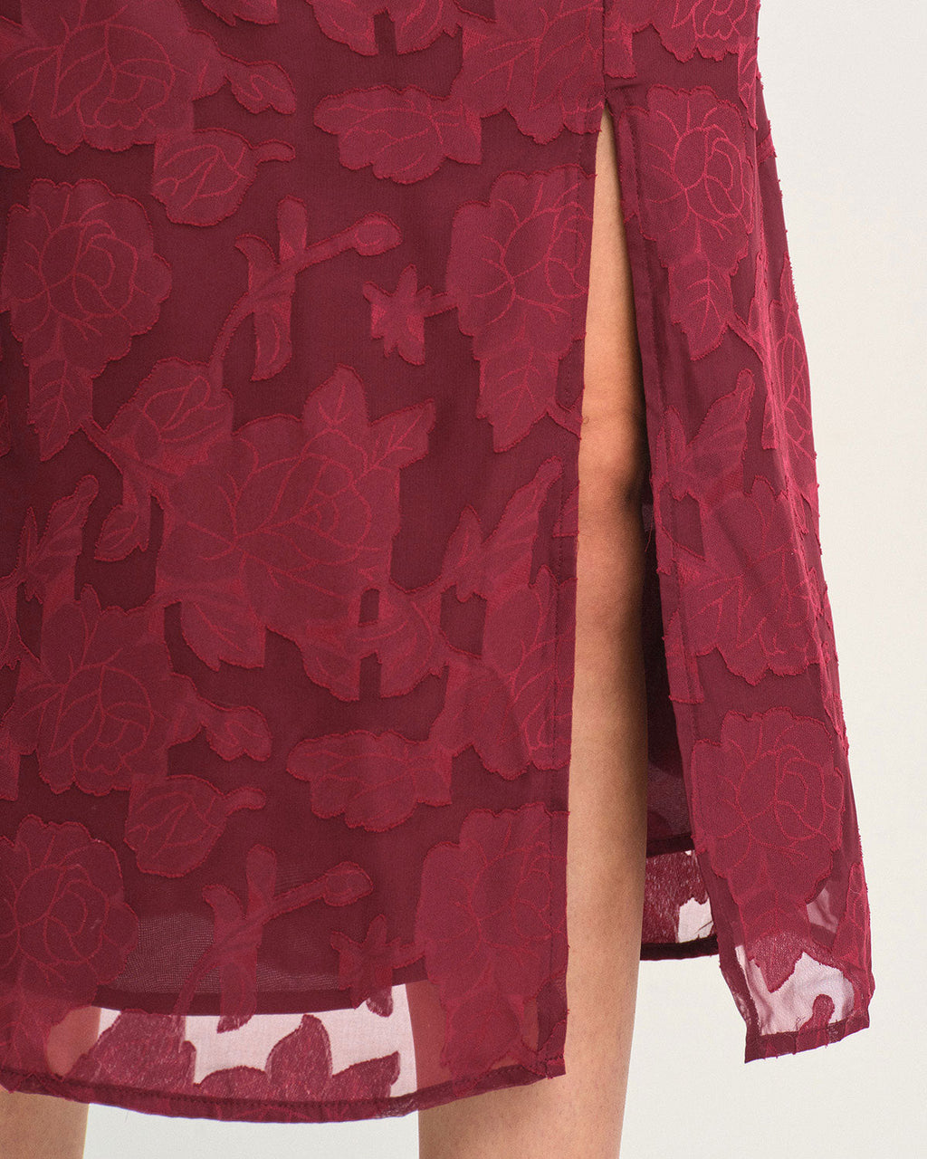 Wine Red Jacquard Midi Dress with Slit