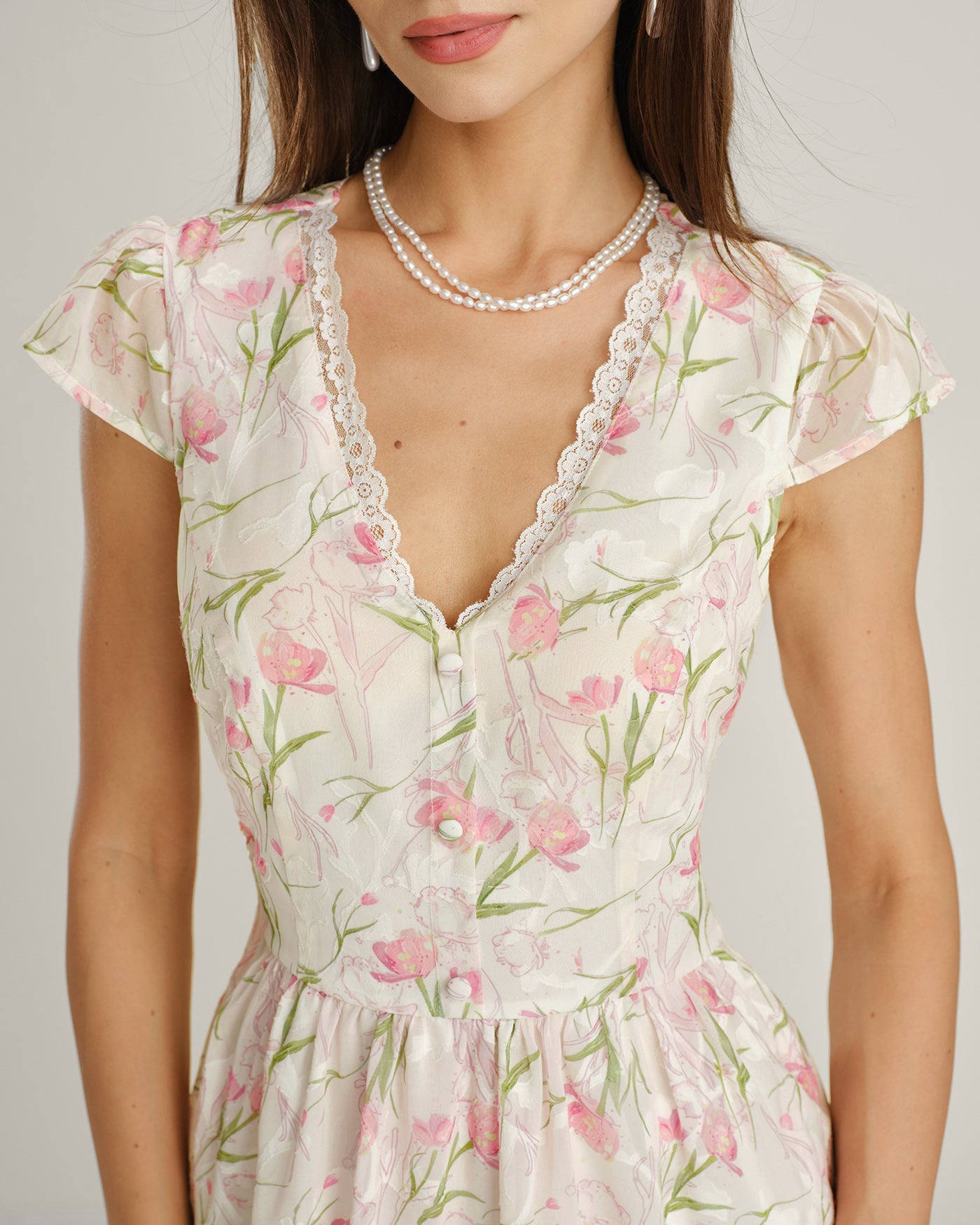 Floral Lace Midi Dress with V-Neck in Pink