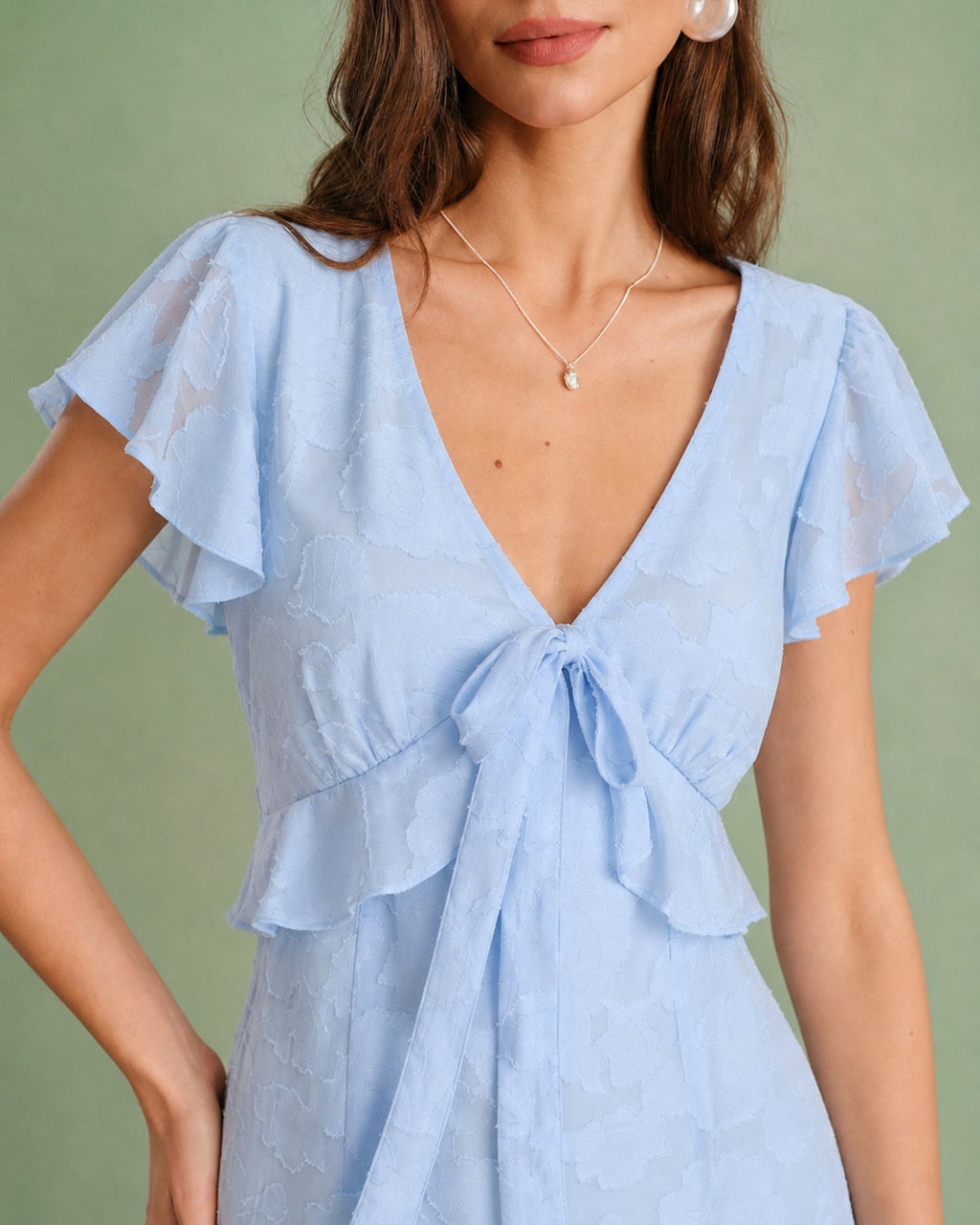 Blue Jacquard Ruffle Midi Dress with V-Neck