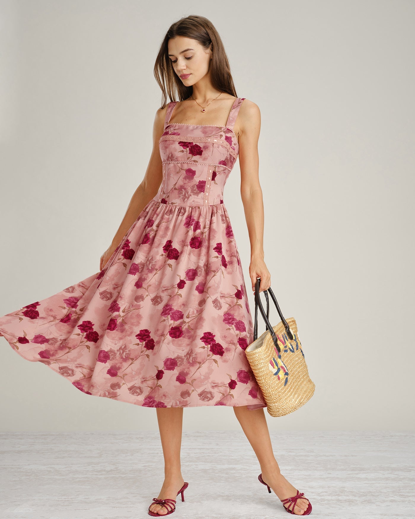 Floral Lace Midi Dress with Pink Square Neck