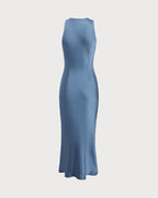 Blue Satin Boat Neck Midi Slip Dress