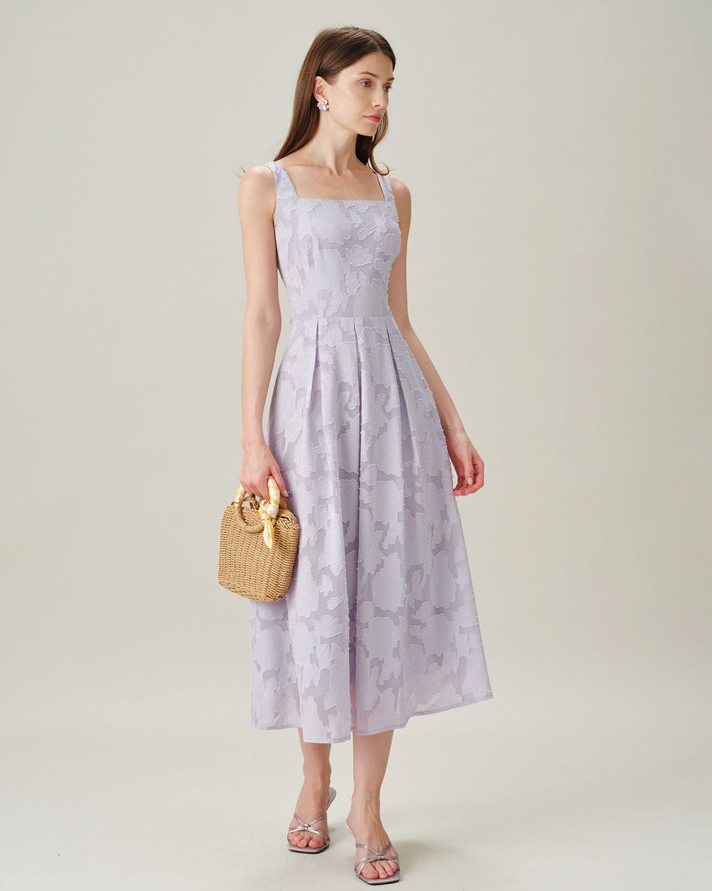 Jacquard Midi Dress with Purple Square Neckline