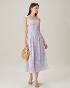Jacquard Midi Dress with Purple Square Neckline