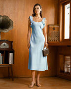 Blue Satin Midi Dress with Square Neck and Ruffle Details