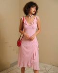 Pink Sleeveless Midi Dress with V-Neck and Ruffle Details