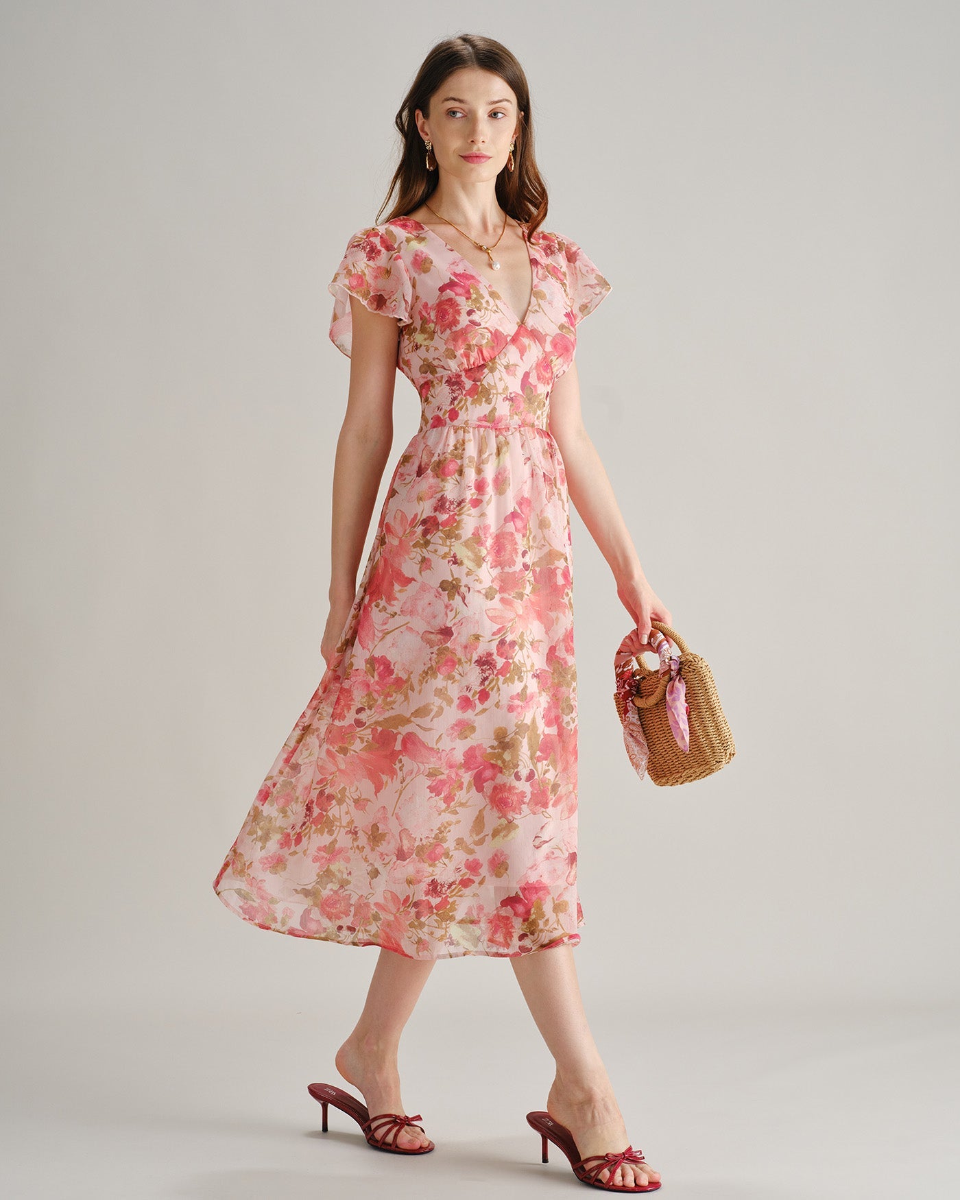 Floral Chiffon Midi Dress in Pink with V-Neck