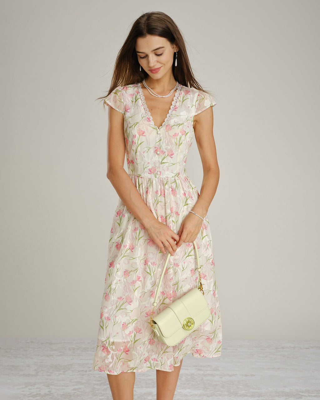 Floral Lace Midi Dress with V-Neck in Pink