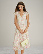 Floral Lace Midi Dress with V-Neck in Pink