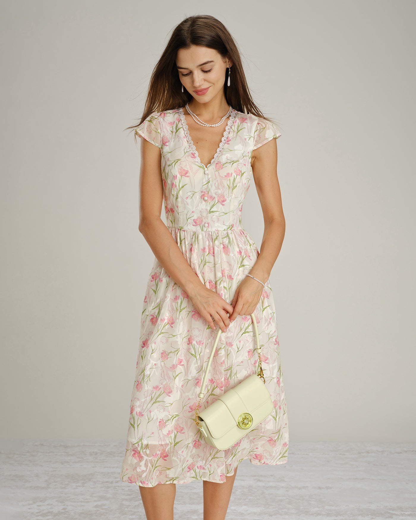 Floral Lace Midi Dress with V-Neck in Pink
