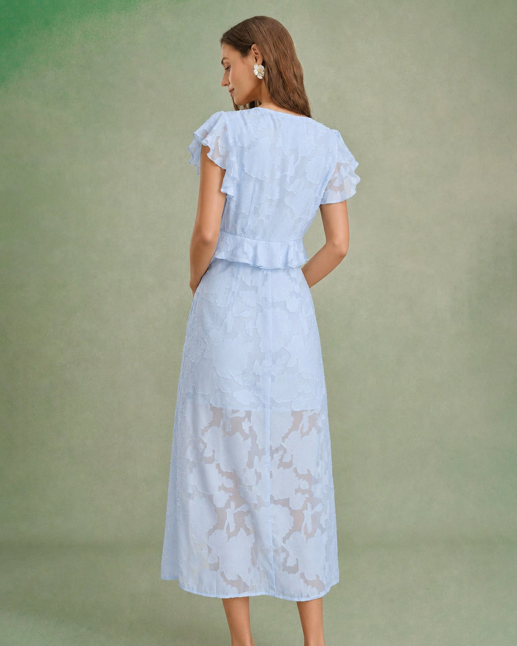 Blue Jacquard Ruffle Midi Dress with V-Neck