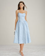 Blue Jacquard Midi Dress with Pockets