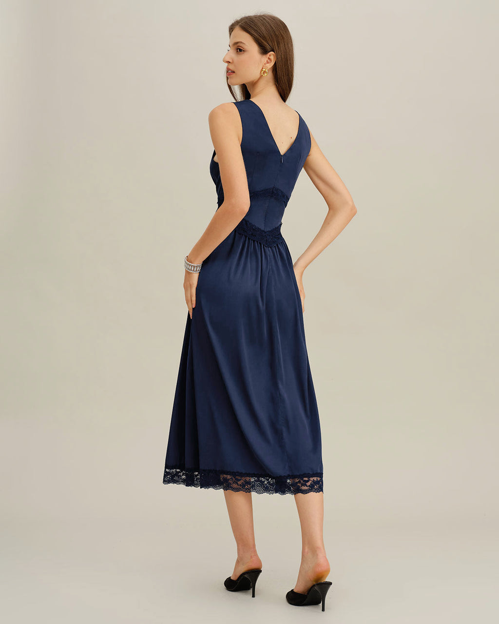 Blue Sleeveless Midi Dress with V-Neck and A-Line Silhouette